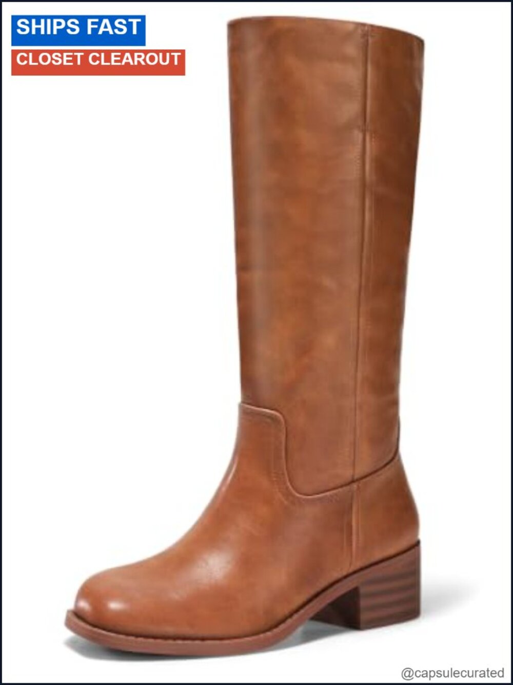 Women's Knee High Boots Square Toe Chunky Heels Faux Leather Pull On